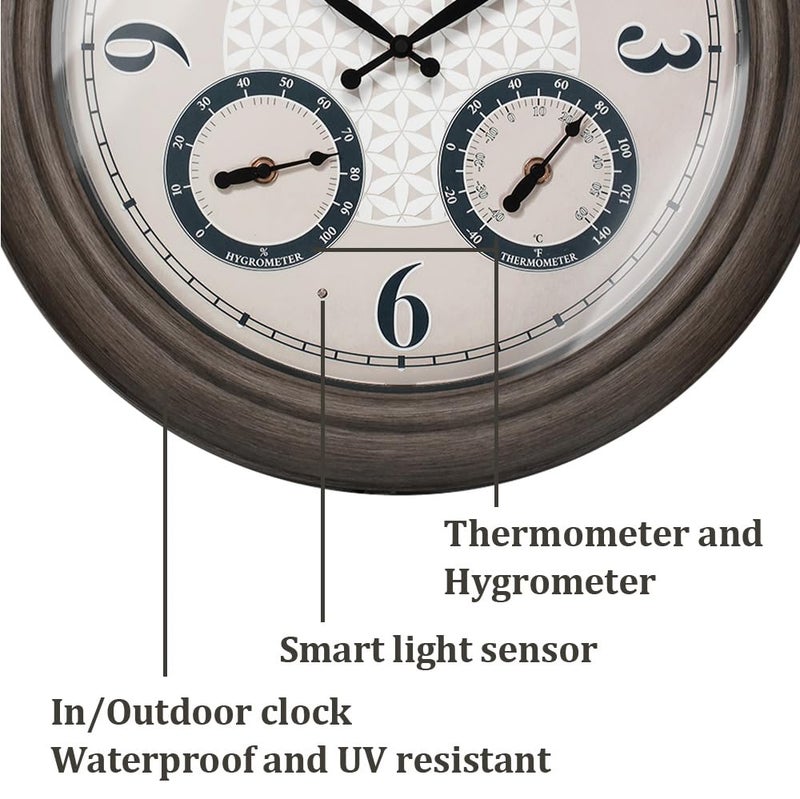 Presentime & Co. 18 Inch Illuminated Outdoor Clock, Waterproof Lighted Large Wall Clock with Thermometer & Hygrometer, Elegant & Vintage Home Decor for Garden, Patio, Pool, Grey Oak Finish - Image 5